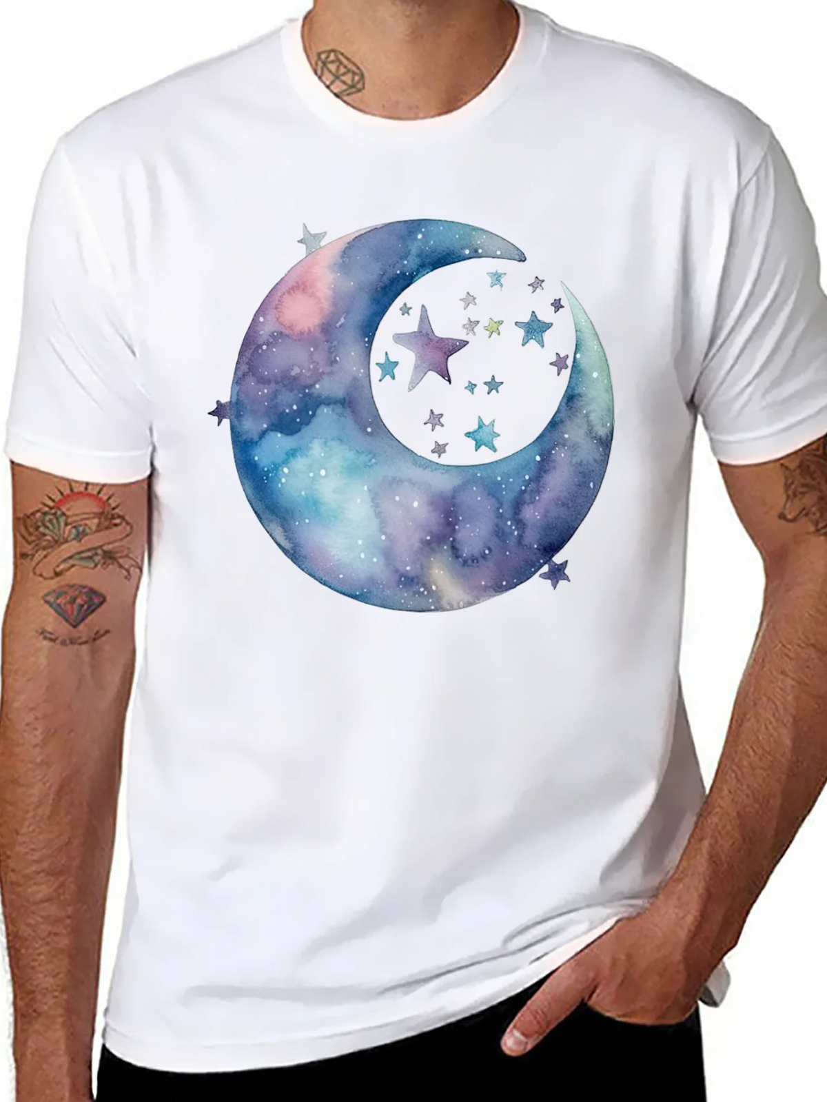 Watercolor Moon & Stars Graphic Tee - Black Cotton product image 7