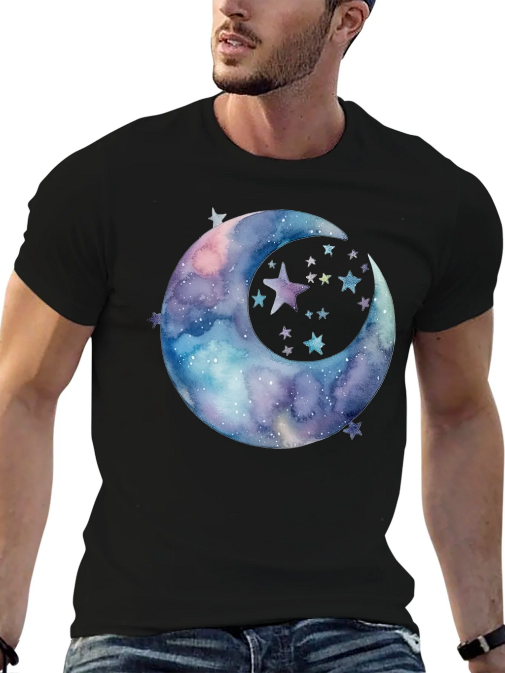 Watercolor Moon & Stars Graphic Tee - Black Cotton product image 6
