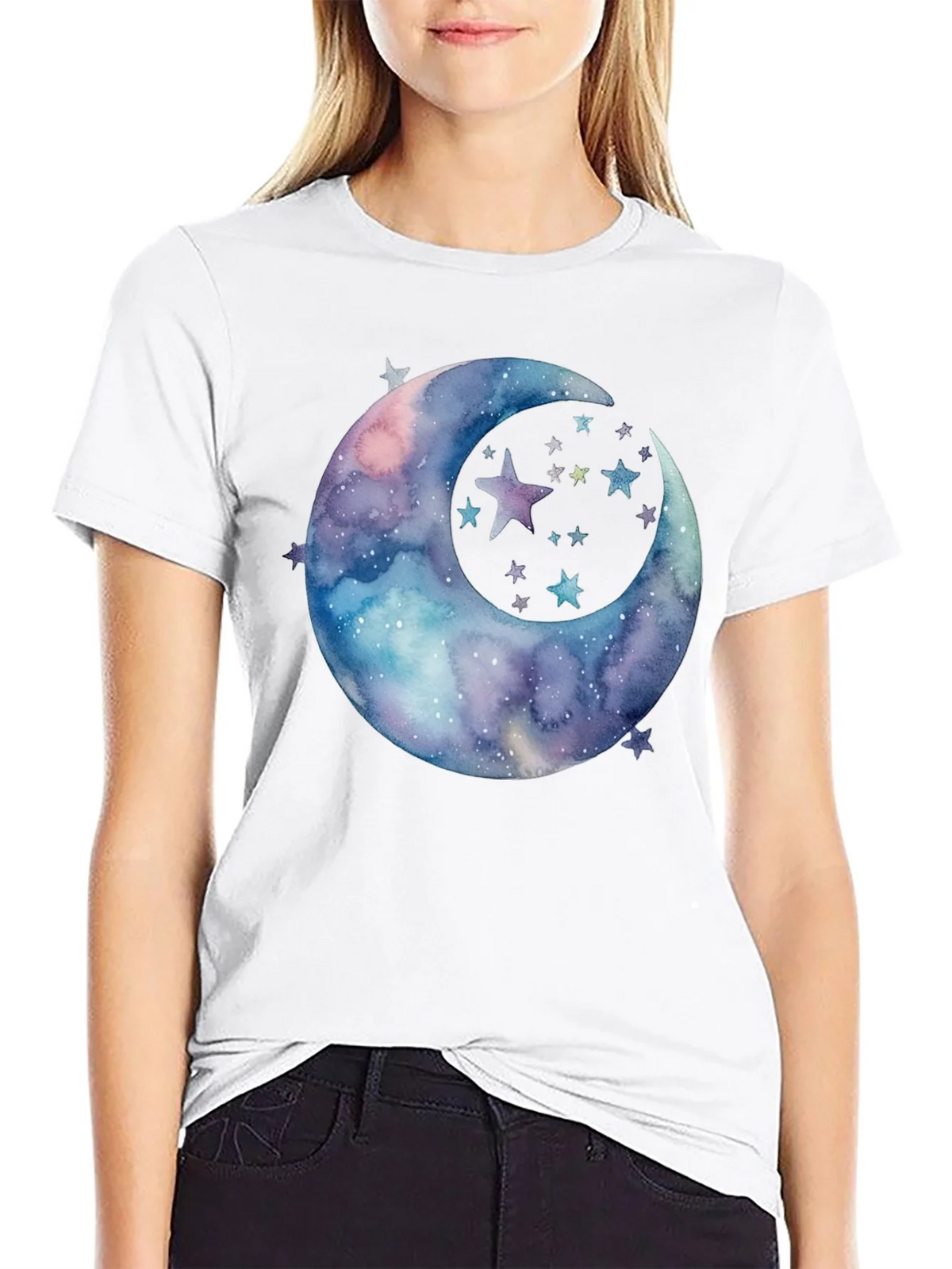 Watercolor Moon & Stars Graphic Tee - Black Cotton product image 8