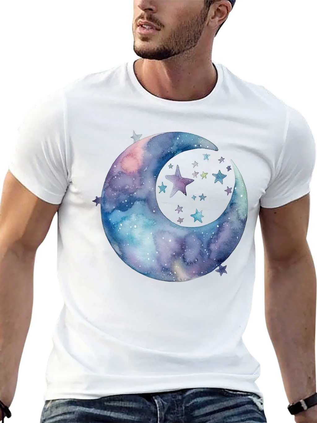 Watercolor Moon & Stars Graphic Tee - Black Cotton product image 12