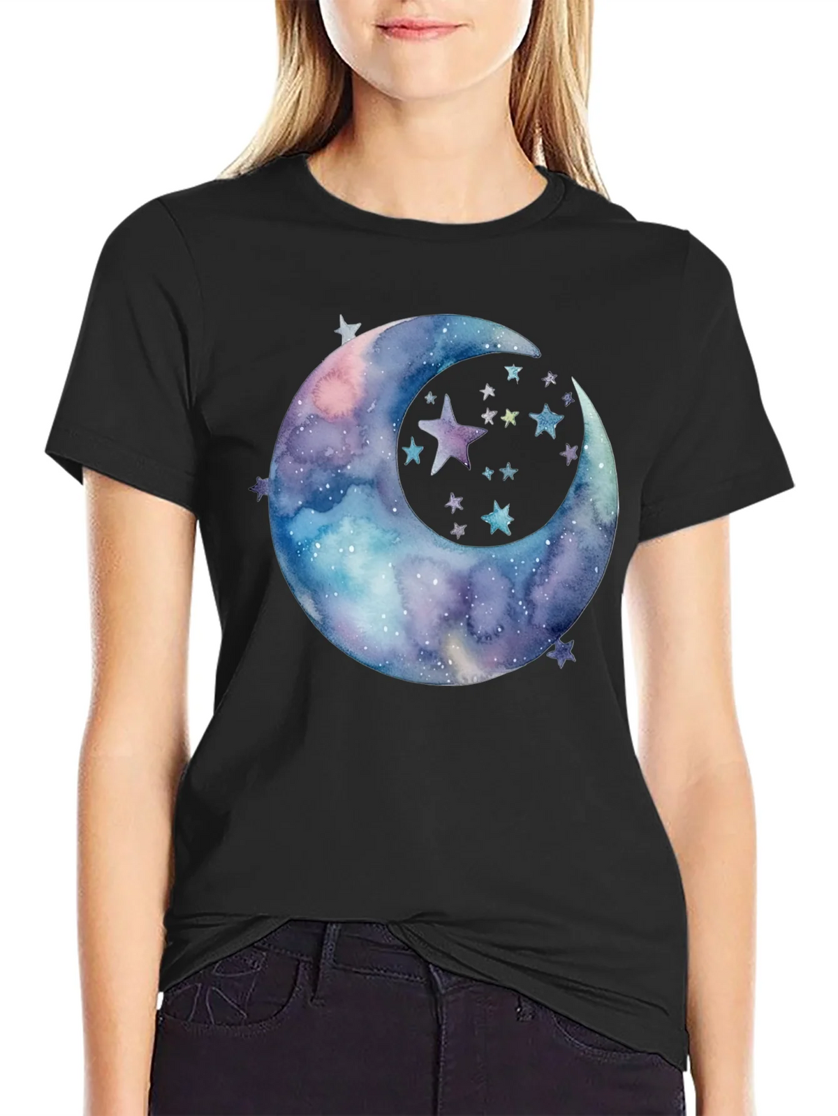 Watercolor Moon & Stars Graphic Tee - Black Cotton product image 2