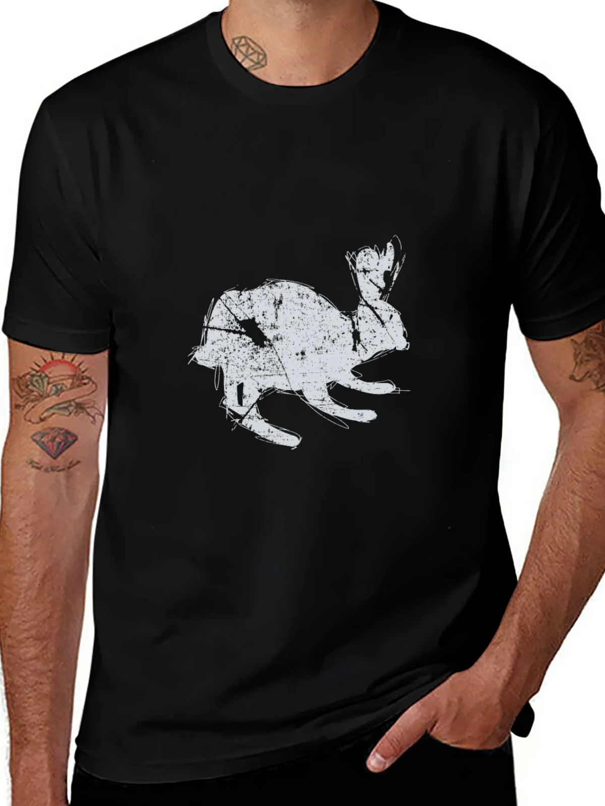 Black T-Shirt with Distressed Rabbit Graphic product image 1