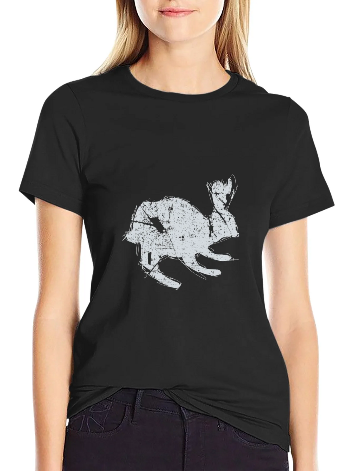 Black T-Shirt with Distressed Rabbit Graphic product image 2