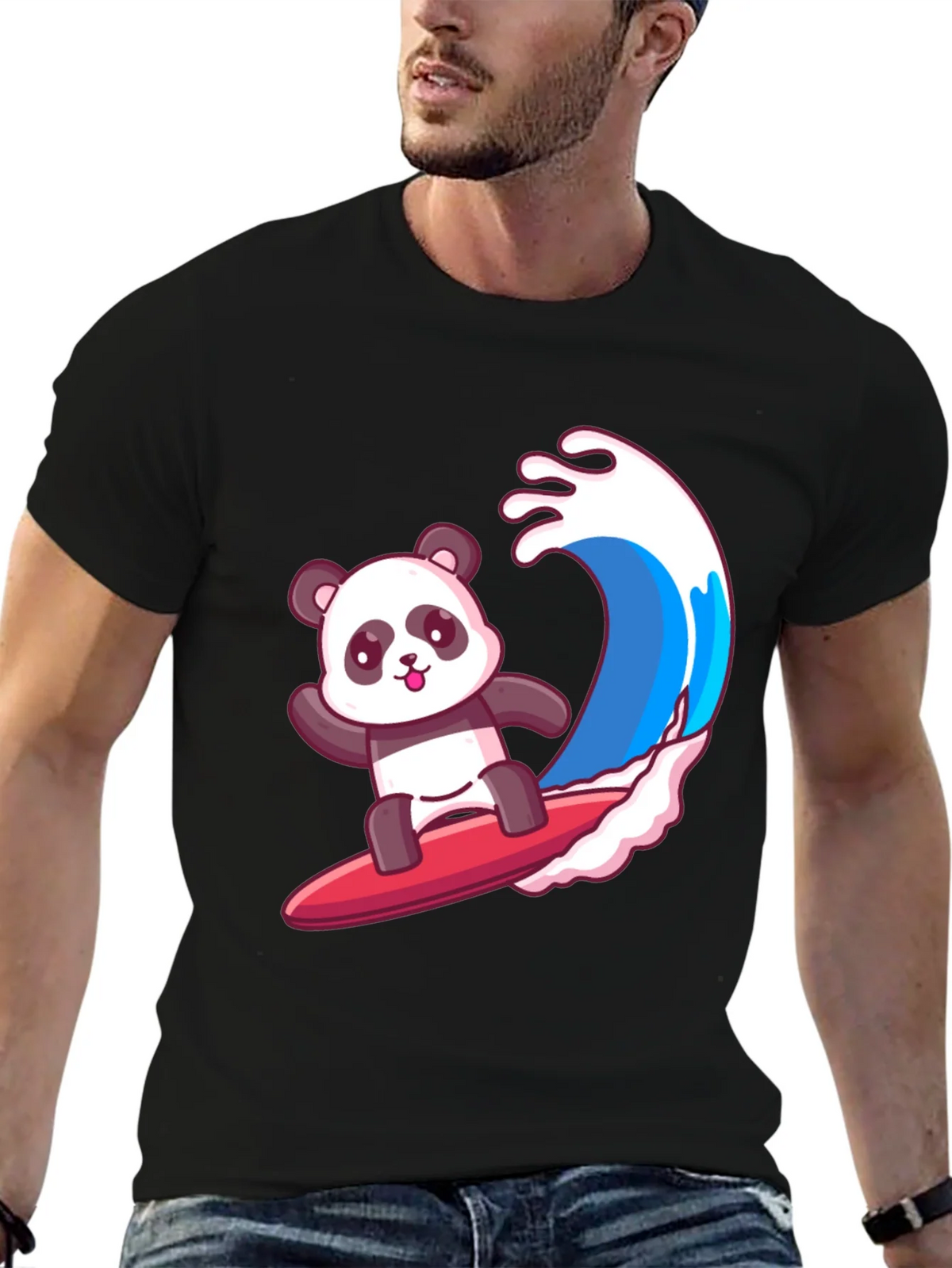Surfing Panda Graphic Tee - Black Cotton Shirt product image 5