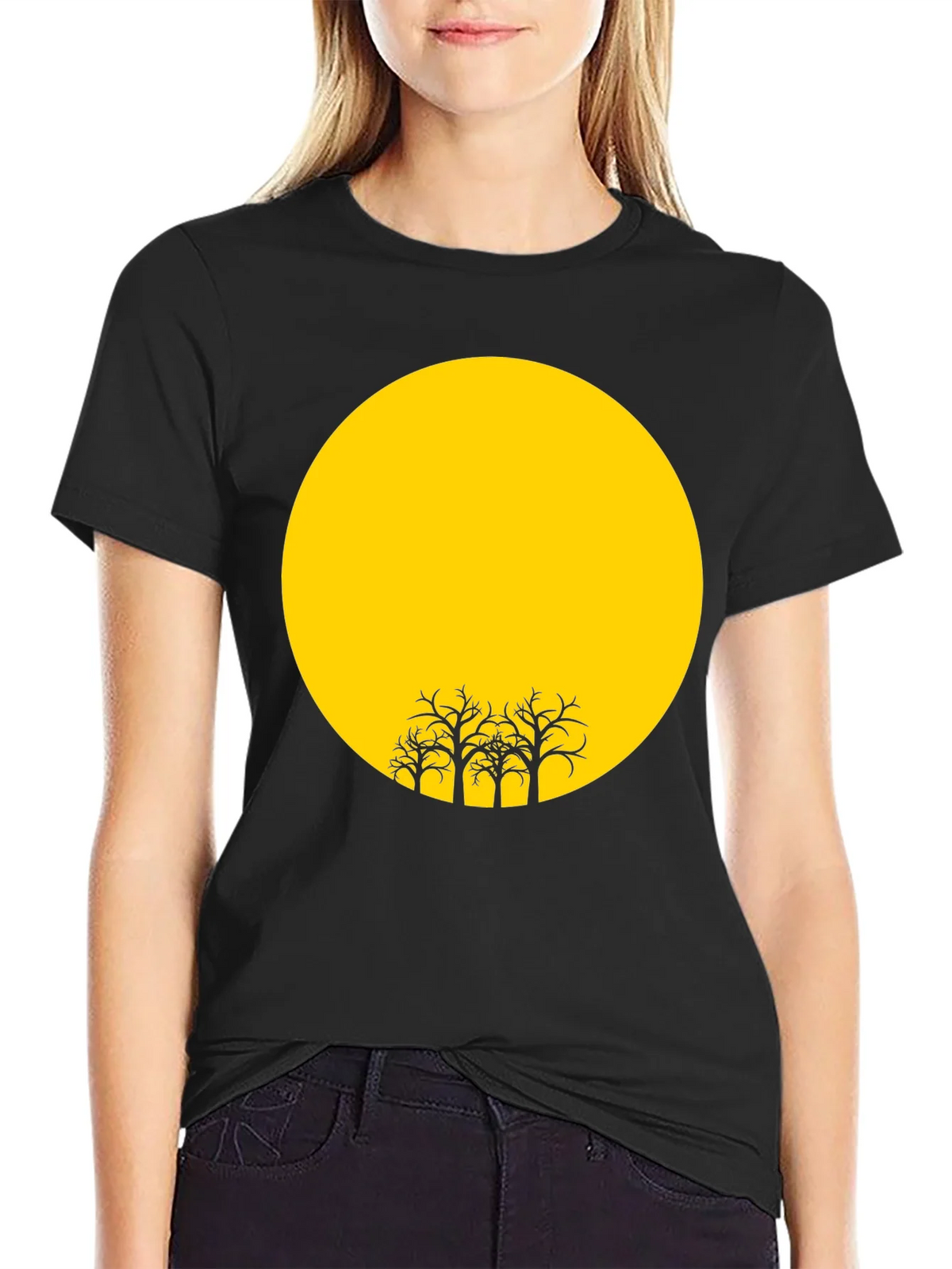 Black T-Shirt with Yellow Moon and Silhouetted Trees product image 2