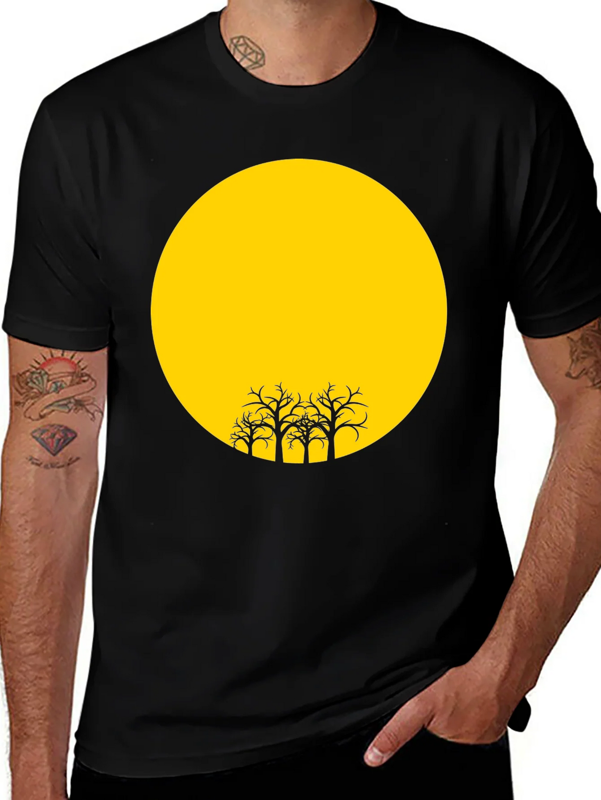 Black T-Shirt with Yellow Moon and Silhouetted Trees product image 1