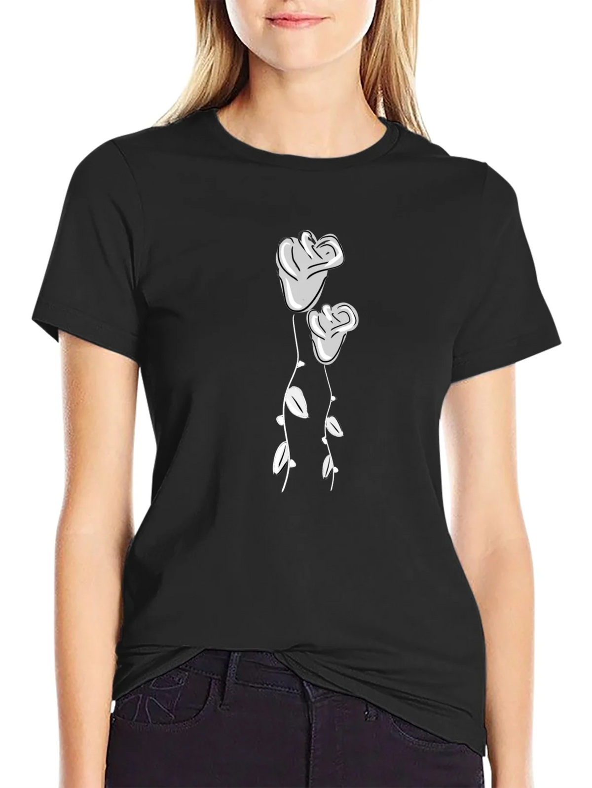 Black T-Shirt with Two Roses Graphic product image 2