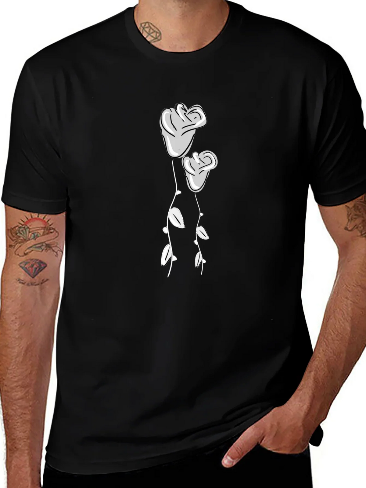 Black T-Shirt with Two Roses Graphic product image 1