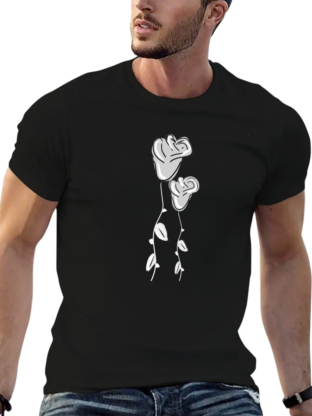 Black T-Shirt with Two Roses Graphic product image 5