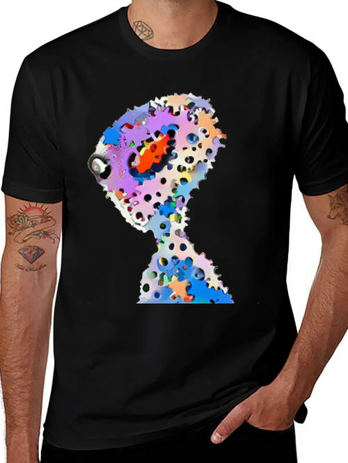 Abstract Gears Head Graphic Black Tee Shirt product image 1