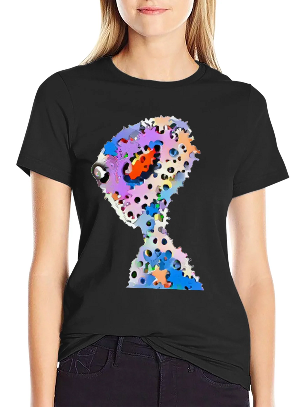 Abstract Gears Head Graphic Black Tee Shirt product image 2