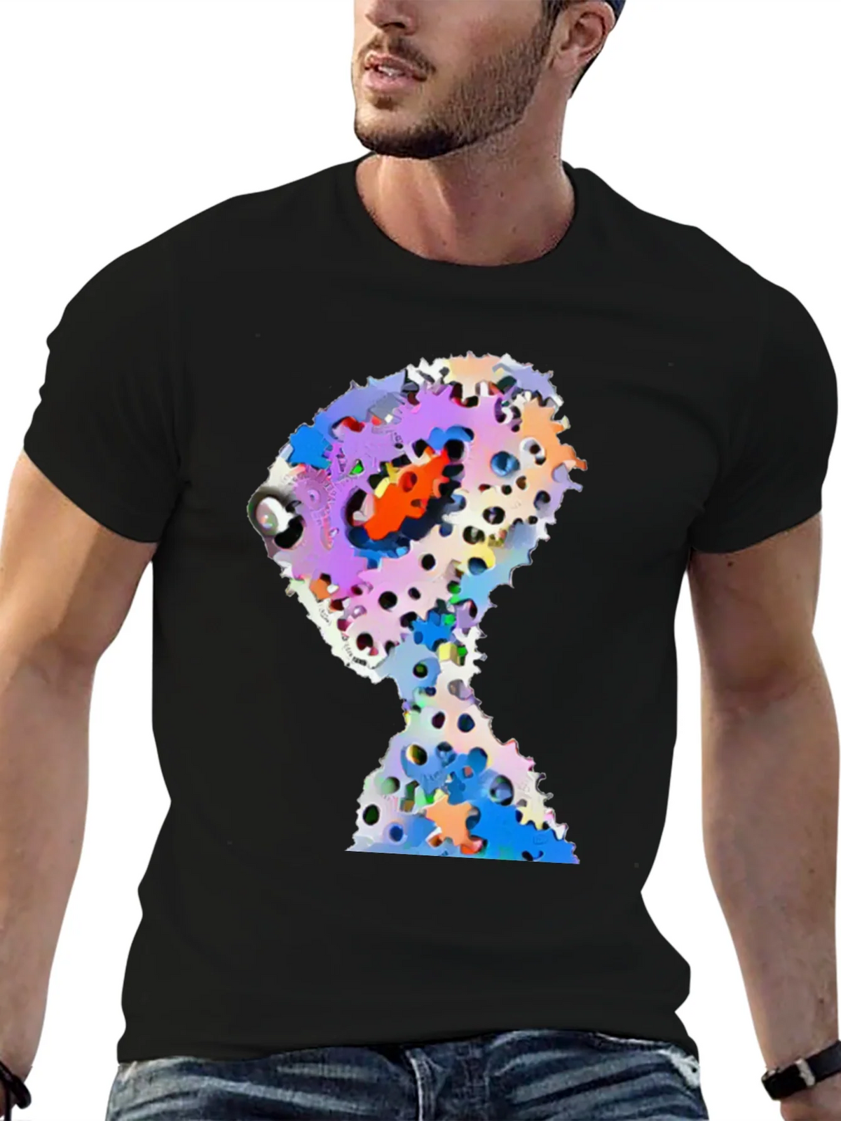 Abstract Gears Head Graphic Black Tee Shirt product image 6