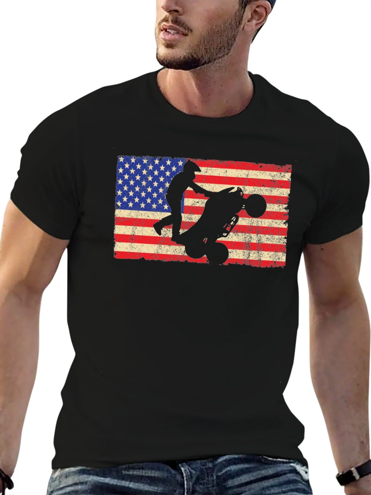 USA Flag ATV Rider Graphic Tee - Black Cotton T-Shirt product image 5