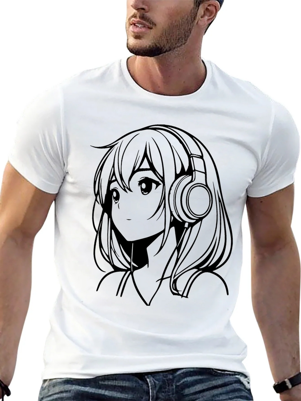 Anime Girl with Headphones Black T-Shirt product image 12