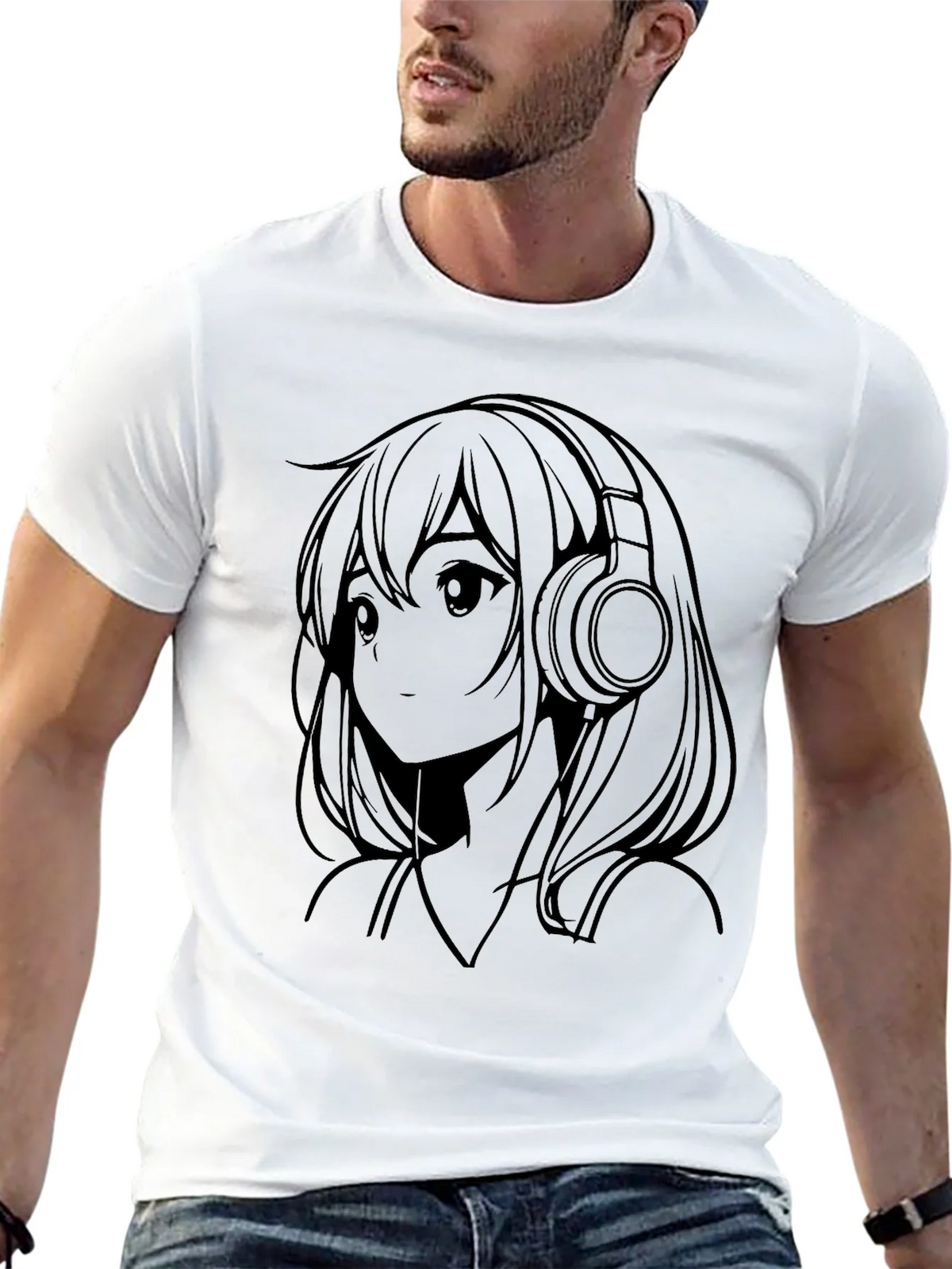 Anime Girl with Headphones Black T-Shirt product image 12