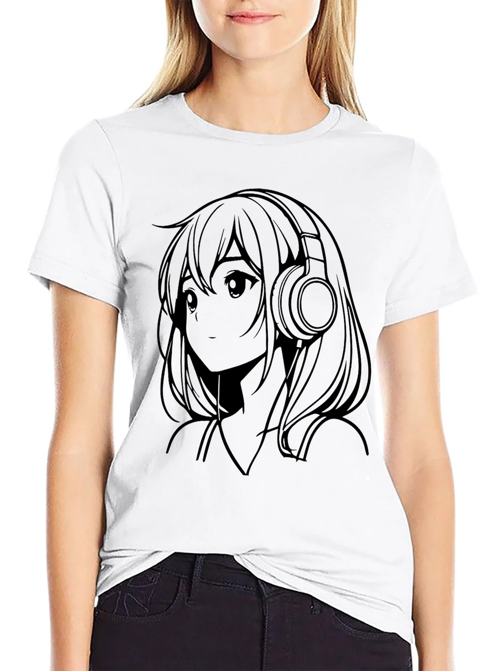 Anime Girl with Headphones Black T-Shirt product image 8