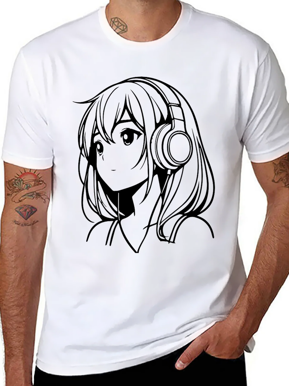 Anime Girl with Headphones Black T-Shirt product image 7