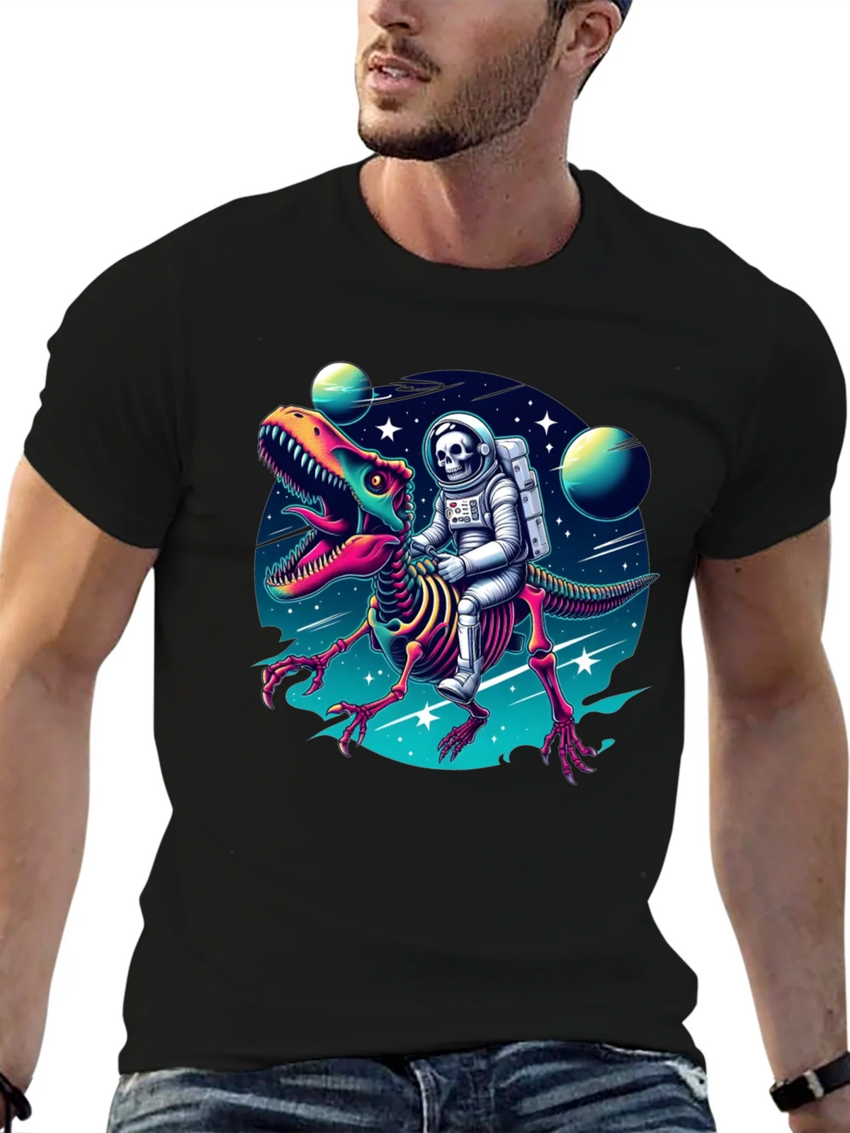 Astronaut Skeleton Riding Dinosaur Graphic Tee product image 4