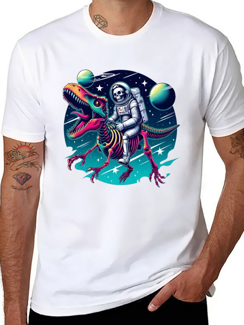 Astronaut Skeleton Riding Dinosaur Graphic Tee product image 5