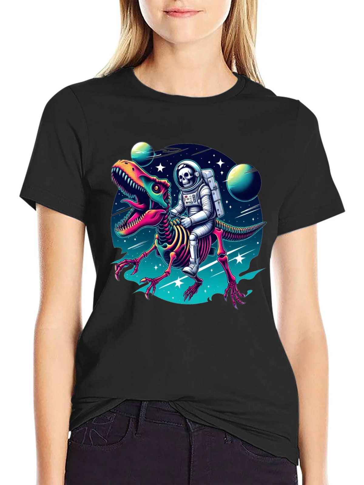 Astronaut Skeleton Riding Dinosaur Graphic Tee product image 1