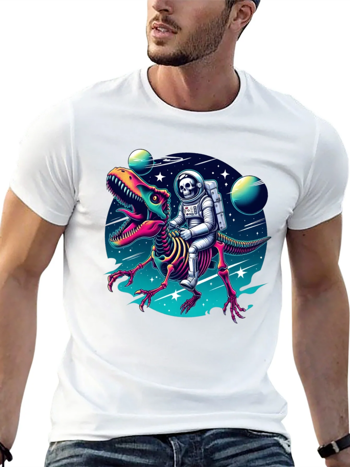 Astronaut Skeleton Riding Dinosaur Graphic Tee product image 9