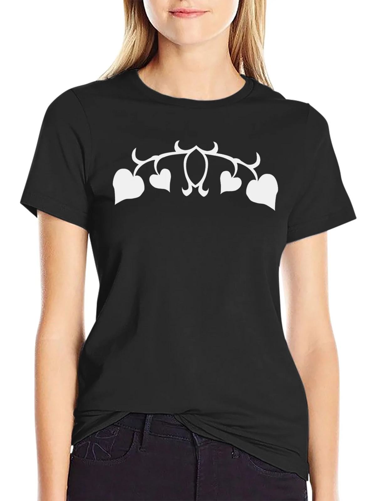 Black T-Shirt with White Heart Vines Design product image 2