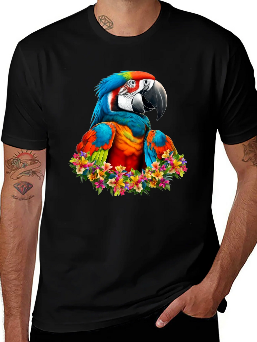 Macaw Parrot Floral Wreath Graphic T-Shirt product image 1