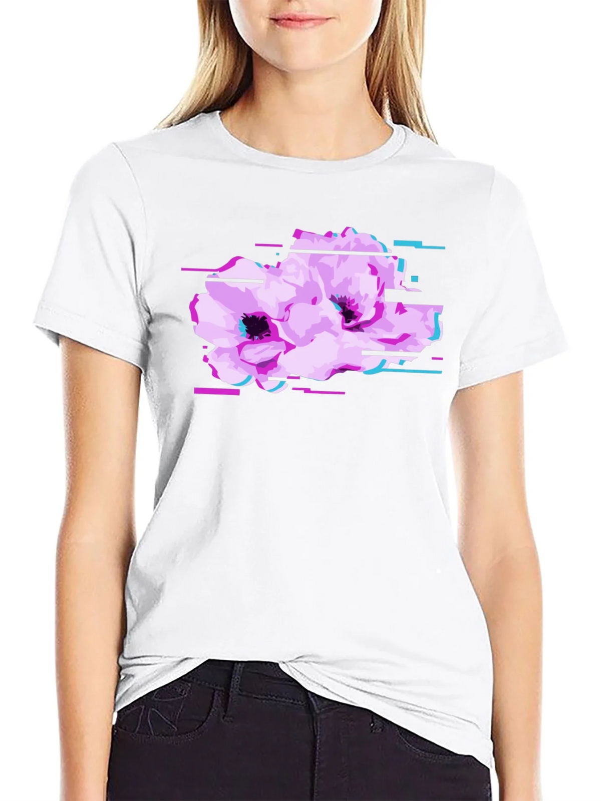 Black T-Shirt with Floral Glitch Graphic product image 5
