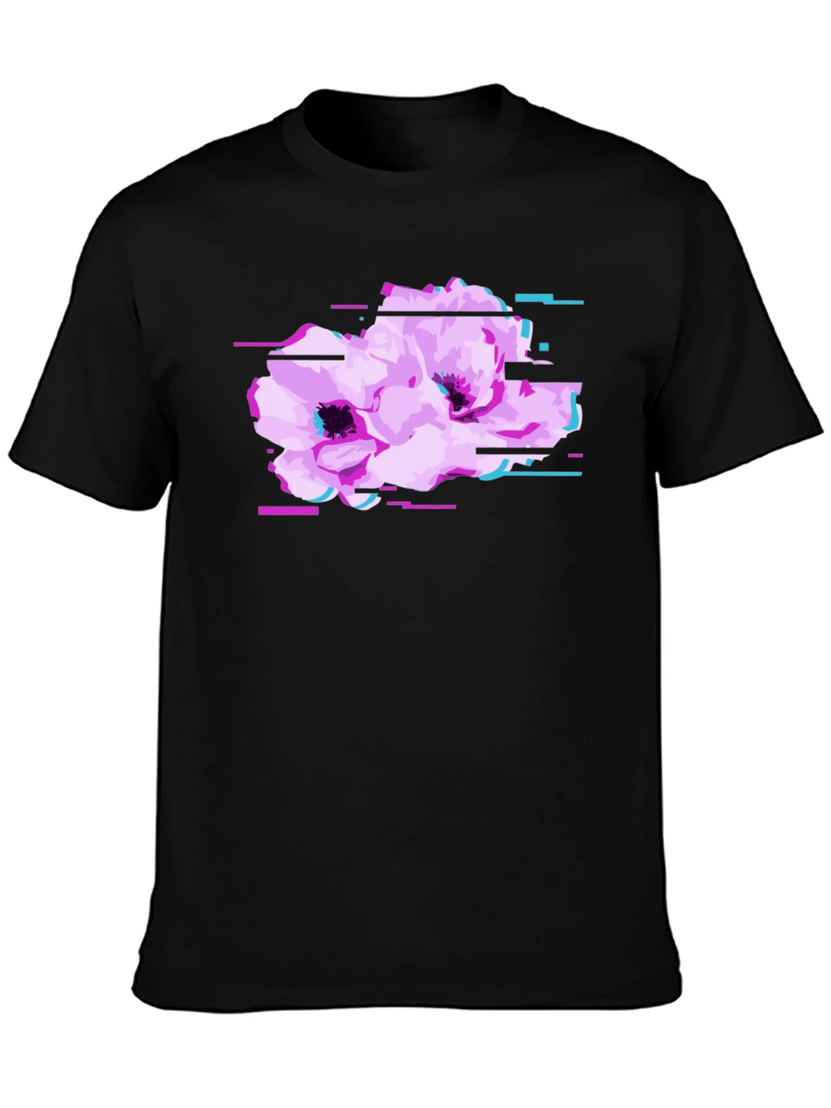 Black T-Shirt with Floral Glitch Graphic product image 1