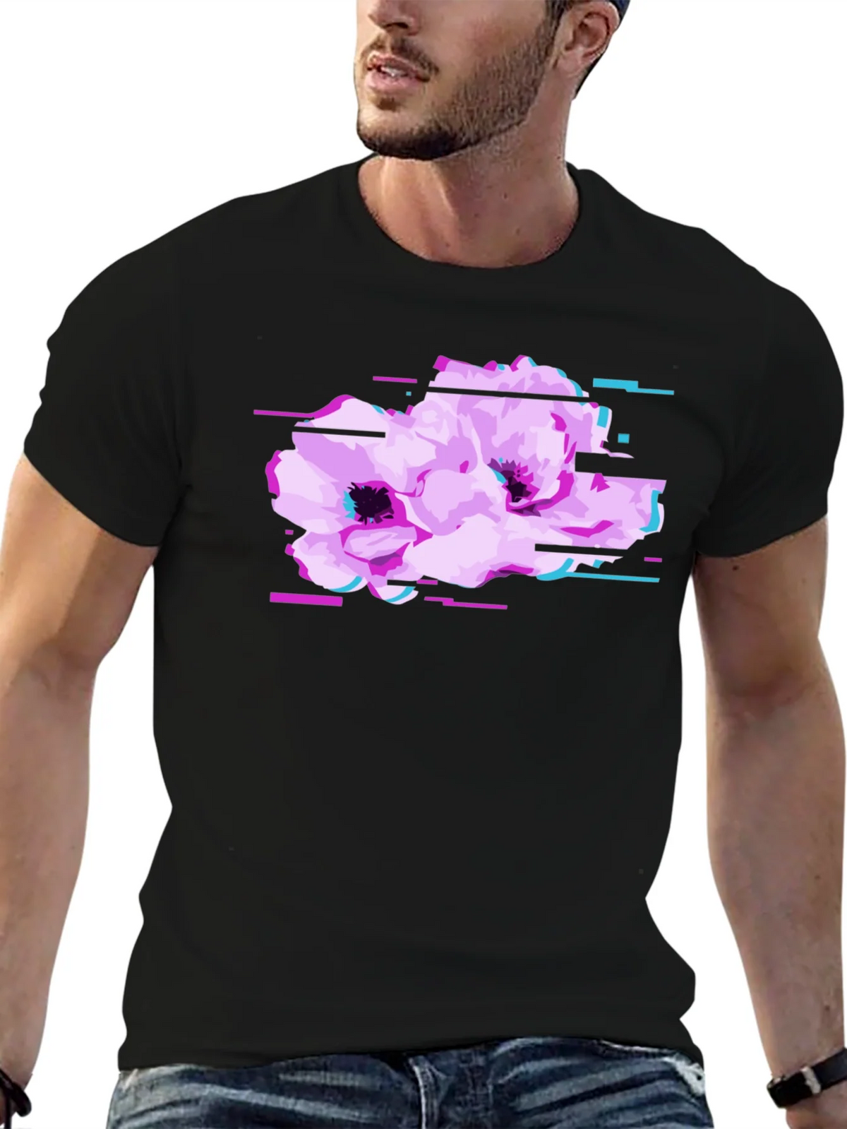 Black T-Shirt with Floral Glitch Graphic product image 4